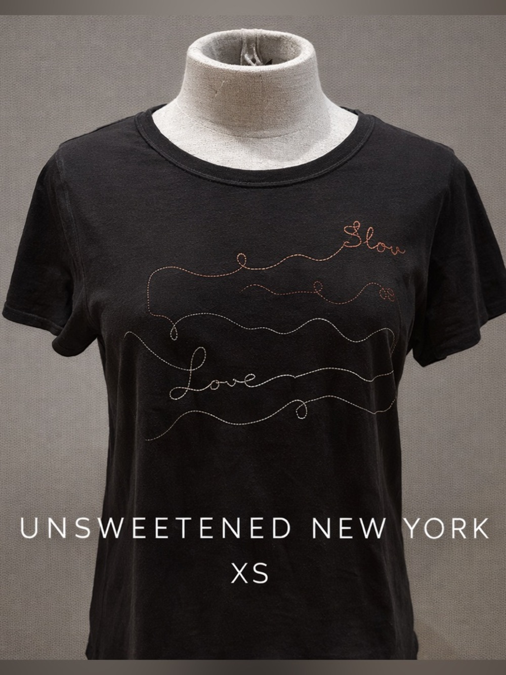 Unsweetened New York Black Minimal Graphic Tee Embroidered Script Top XS